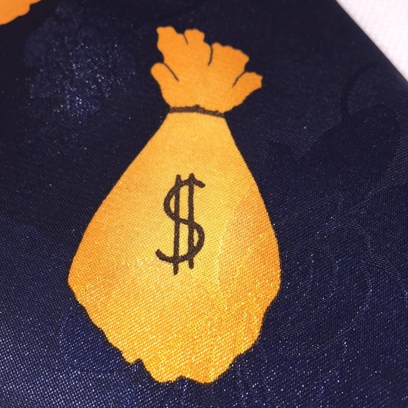 Money Bags Cash Coins Bank Financial Men’s Tie Nay Blue Orange - Picture 2 of 6